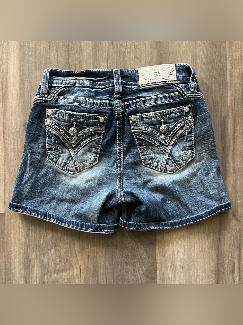 Miss Me Size 26 Jean Shorts Mid Rise Short Bedazzled Pockets Y2K Teen Size